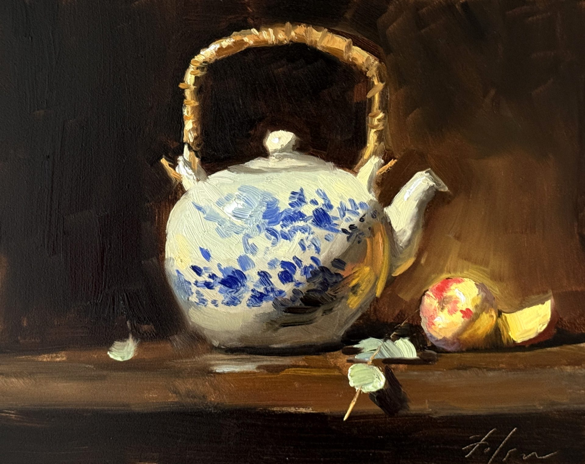 Original oil painting of a blue and white Chinese porcelain teapot with a woven handle, paired with a peach on a dark moody background, painted in an impressionistic still life style.