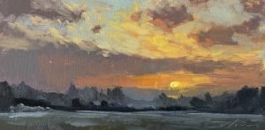 Original oil landscape painting of a frosty winter sunset over a quiet river, with glowing golden sky, soft clouds, and dark silhouetted trees along the horizon.