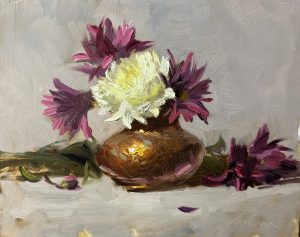 Impressionistic oil painting of purple and white chrysanthemums arranged in a warm copper vase, painted in a high-key palette with loose expressive brushstrokes.