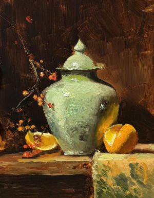 Original oil still life painting of a jade green ceramic jar with oranges and autumn branches, set against a dark background with warm, moody lighting.