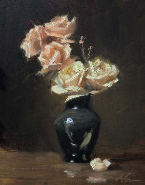 Moody oil painting of soft peach roses in a dark vase, illuminated by dramatic light against a deep shadowed background, classical floral still life style.