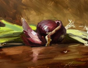 Realist oil painting of a red onion with papery skin and fresh green onions arranged on a wooden tabletop, rich brushstrokes and warm studio lighting.