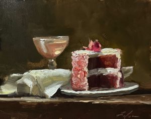 Oil painting still life of a slice of red velvet cake with white frosting on a plate, paired with a glass of sparkling rosé and draped white napkin against a dark background.