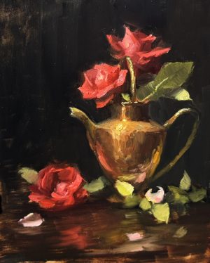 Romantic still life oil painting of red roses arranged in a warm copper teapot, with fallen petals and leaves on a dark tabletop, glowing candlelit atmosphere, oil on panel.