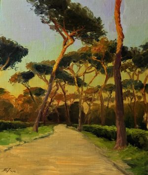 Original oil painting of a sunlit pathway through Borghese Gardens in Rome with tall umbrella pine trees and warm golden light.