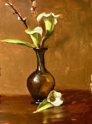 Elegant still life oil painting of white calla lilies arranged in a clear glass vase with soft light and a moody background, 12x9 oil on panel.