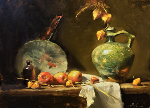 Oil painting still life with green ceramic jug, physalis lantern flowers, apples, glass bottle, and draped cloth on a wooden table, illuminated by warm dramatic light, 11x14.