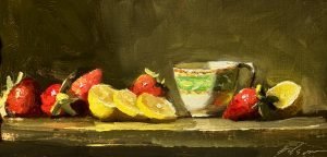Impressionist still life oil painting of fresh strawberries, sliced lemons, and a decorative teacup on a wooden shelf with a moody green background, 6x12 oil on panel.