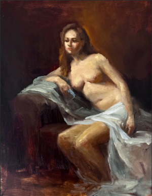 Original oil painting of a reclining nude female figure draped in white fabric on a sofa, painted in warm red and amber tones, classical figure study artwork.