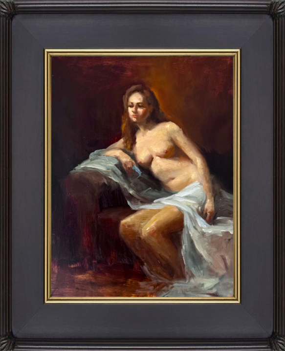 Original oil painting of a reclining nude female figure draped in white fabric on a sofa, painted in warm red and amber tones, classical figure study artwork.