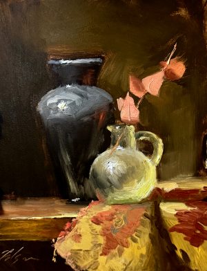 Atmospheric oil painting still life of everyday objects — ceramic pitcher, dark vessel, and pink flower — captured in quiet contemplative light, 8x10 oil on panel.