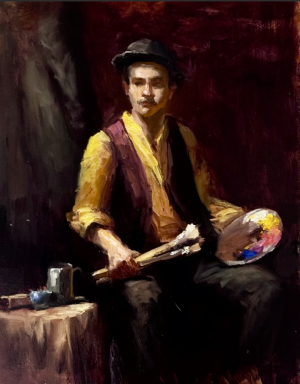 Original oil painting portrait of a painter holding a palette and brushes, seated in a studio with warm red background.