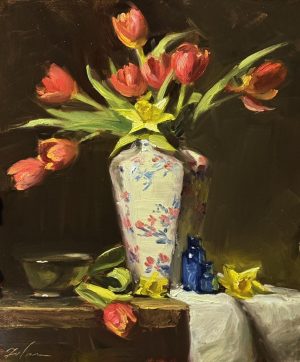 Still life oil painting of fresh tulips and bright yellow daffodils arranged in a vase on a table, painted in an impressionist style with soft natural light, 14x11 oil on panel.