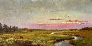 Luminist coastal landscape oil painting inspired by Martin Johnson Heade, depicting a winding shoreline at sunset with glowing sky reflections over calm water, 6x12 oil on panel.
