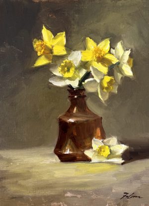 Small still life oil painting of yellow and white daffodils arranged in an amber glass bottle, soft neutral background with loose expressive brushstrokes.