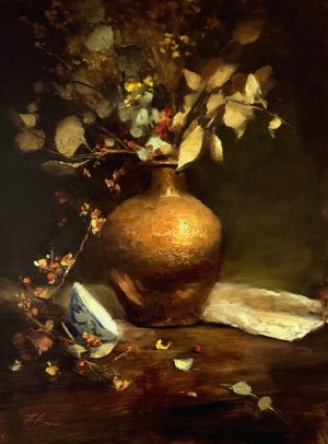 Moody still life oil painting of autumn branches with dried leaves and red berries in a warm copper vase on a dark tabletop with scattered petals