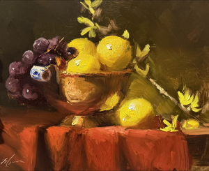 Chiaroscuro still life oil painting of bright yellow lemons and dark grapes in a copper bowl on red drapery, illuminated by dramatic light against a dark background, 8x10 oil on panel.