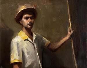 Expressive oil portrait of a man in a hat and collared shirt, standing with hand against a wall, painted with warm tones and textured brushwork.
