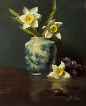 Still life oil painting of white and yellow daffodils arranged in a blue and white ginger jar with grapes on a reflective wooden surface, set against a dark moody background, 10x8 oil on panel.