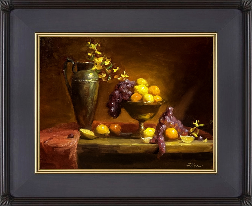 Luminous still life oil painting of a harvest table with grapes, citrus fruit, and a brass bowl beside a metal pitcher, bathed in warm golden light against a dark background, 11x14 oil on panel.