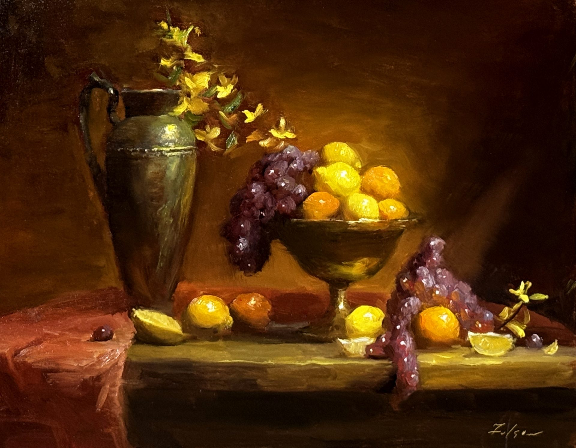 Luminous still life oil painting of a harvest table with grapes, citrus fruit, and a brass bowl beside a metal pitcher, bathed in warm golden light against a dark background, 11x14 oil on panel.