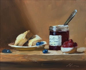 Impressionist still life oil painting of raspberry jam in a glass jar with scones on a plate and fresh berries on a wooden table, painted in warm natural light, 8x10 oil on panel.