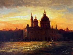 Venice sunset oil painting featuring domed cathedral architecture reflected in water with a gondola silhouette and glowing golden sky