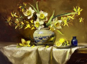 Impressionist oil painting of white and yellow daffodils in a ceramic vase with lemons and a small blue bottle on a draped table, warm earthy background.