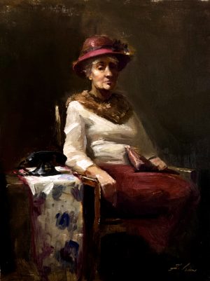 Moody oil portrait of a seated woman wearing a hat and red skirt, resting beside a table with a dark background and dramatic lighting.