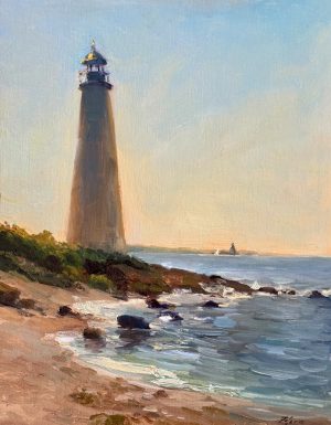 Seascape oil painting of a lighthouse on a rocky shoreline with waves rolling in under soft pastel sky light