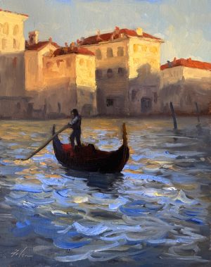 Oil painting of a gondolier rowing a gondola on shimmering Venetian water at sunset, with warm light on historic buildings and reflections in the canal.