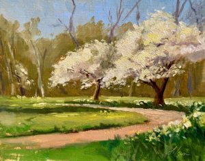 Oil painting of blooming orchard trees beside a peaceful garden path in springtime.
