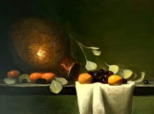 Moody still life oil painting featuring clementines, dark cherries, eucalyptus branches, and a copper vessel with dramatic lighting and rich green background. Original classical-inspired oil painting on panel.