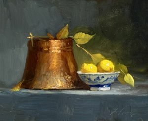 Small oil still life painting of a warm copper pot beside a blue-and-white porcelain bowl filled with yellow lemons and scattered leaves against a soft dark background.