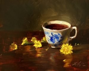 Impressionist oil painting of a blue-and-white teacup filled with tea surrounded by yellow dandelion flowers on a dark reflective surface.