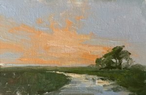 Small impressionist landscape oil painting of a marsh at sunrise with glowing peach clouds, reflective water, and windswept trees under a soft morning sky.