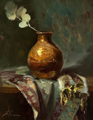 Contemporary oil still life painting of a glowing copper vase with eucalyptus leaves resting on richly patterned fabric against a deep teal background.