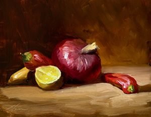 Oil still life painting of a red onion, sliced lemon, and red peppers arranged on a warm neutral tabletop with dramatic lighting.