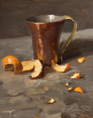 Copper mug still life oil painting with orange peels on a gray tabletop, warm reflected light, and expressive painterly brushwork in a moody classical style.