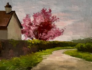 Irish spring cottage landscape oil painting with pink flowering trees and winding country road.