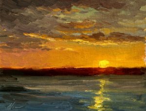 Atmospheric oil landscape painting of a golden sunrise reflecting across calm harbor waters beneath dramatic cloud-filled skies.