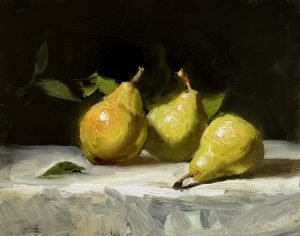 Classic oil still life painting of three yellow-green pears with leaves resting on white draped cloth against a dark background.