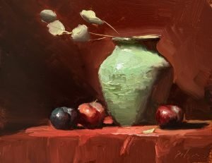 Richly colored oil still life featuring a turquoise ceramic jardiniere with plums and apples arranged on red drapery against a warm dark backdrop