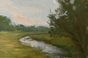 Soft impressionist landscape oil painting of a winding creek through green marsh grass at dusk, with expressive brushwork, muted pastel sky, and trees reflected in calm water. Original small oil painting on linen.