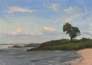 Original oil landscape painting of a peaceful shoreline with a lone tree, sandy beach, calm blue water, and soft summer clouds. Contemporary impressionist coastal painting on linen.