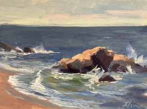 Original impressionist oil painting of waves washing over rocky coastline with foamy surf, blue water, and warm sunlight on seaside boulders.