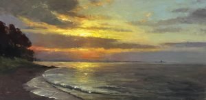 Original oil seascape painting of a glowing sunrise over calm coastal water with golden reflections, dramatic clouds, and a quiet shoreline.