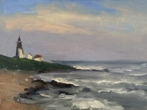 Original 6x8 oil painting on panel featuring a coastal lighthouse overlooking ocean waves, sandy beach, and soft pastel skies.