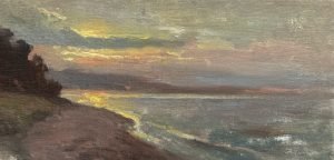 Impressionist oil painting of a peaceful coastal shoreline at sunset with golden reflections on calm water beneath colorful evening clouds.