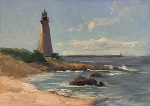 Original 6x8 oil painting on panel featuring a coastal lighthouse overlooking rocky shores, gentle ocean waves, sandy beach, and a bright blue sky with soft clouds.